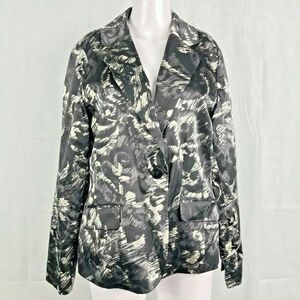 Chicos Blazer Jacket‎ Womens Sz 2 12 Large Black Pattern Tafetta Silk Cotton